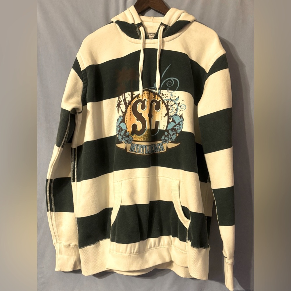 Men’s Basix Vintage Myrtle Beach SC Green Striped Hoodie Size 2XL